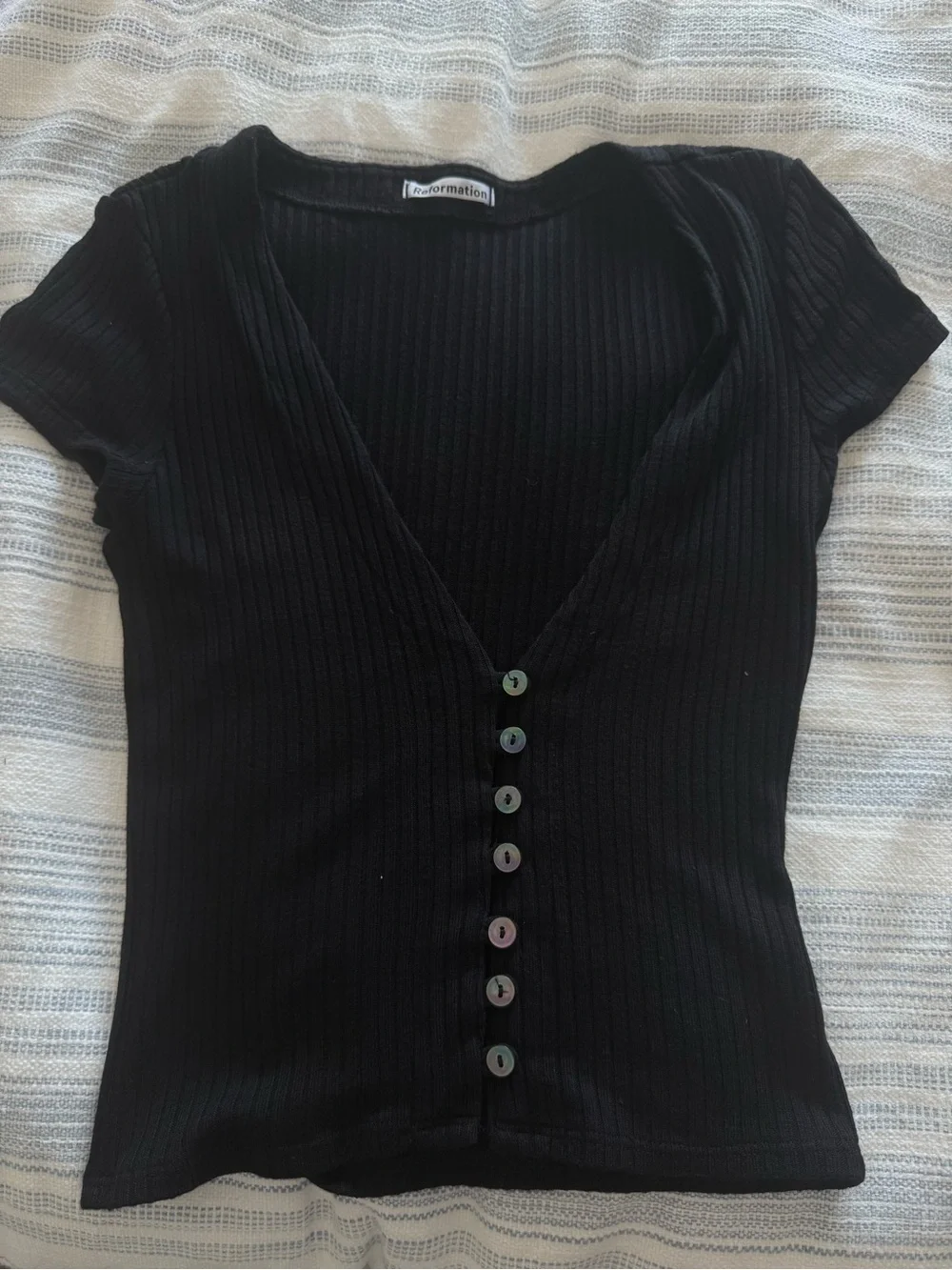 Reformation Black Ribbed V-Neck Button Front Top